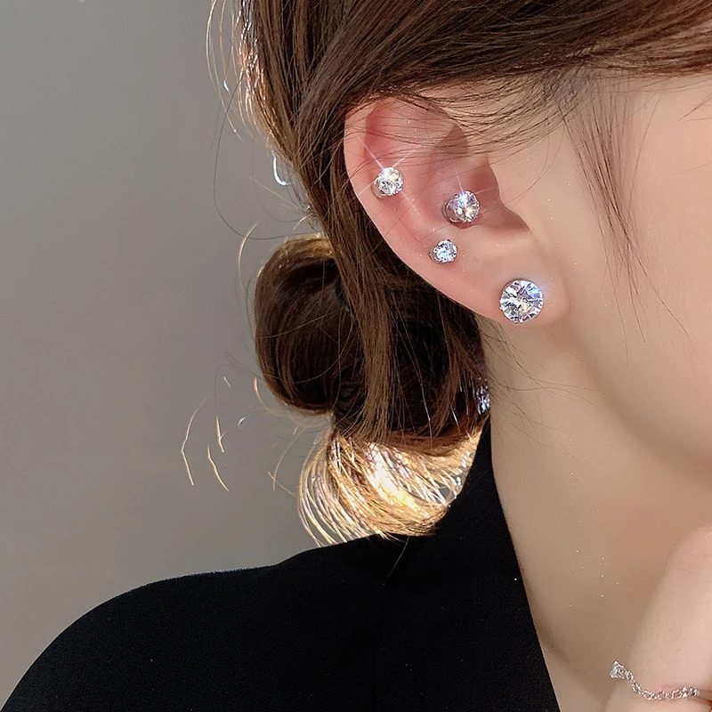 Fashionable and Elegant Women's Crystal Magnetic Ear Clips Luxury Zircon Round Earrings without Perforated Earrings Jewelry