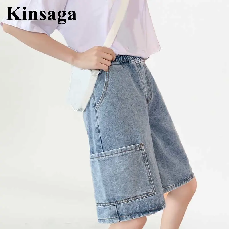 Women Street Pockets Loose Wide Leg Cargo Knee Length Jeans Pants 4XL Summer Baggy Y2K Boyfriend Elastic Waist Denim Bermudas