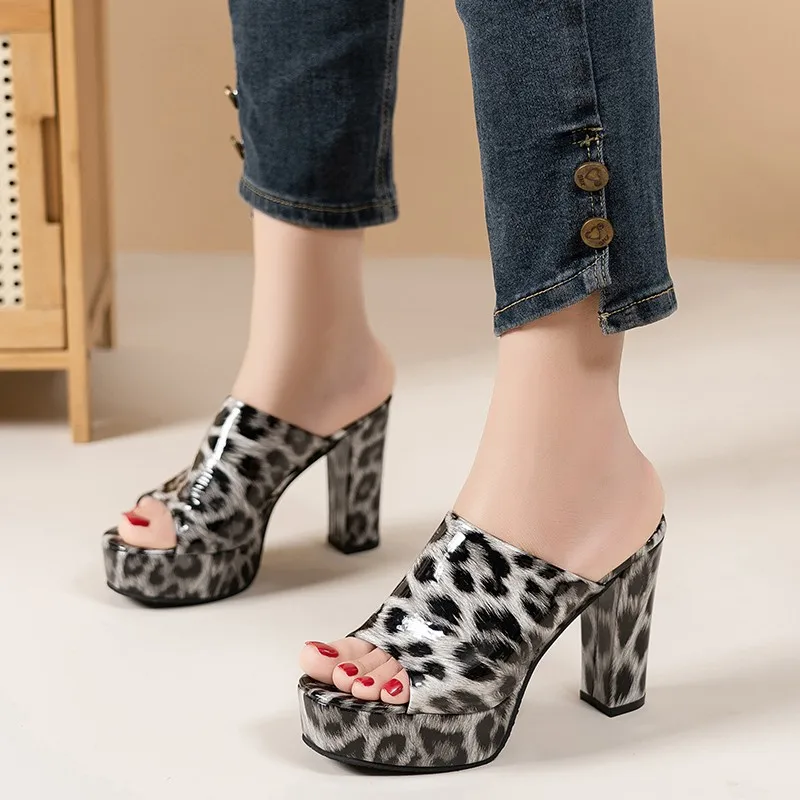 Aphixta Platform Slides 11cm Super High Heels Sandals Summer Shoes Leopard  Print Party Slides Shoes Sexy Outside Heels Size 42