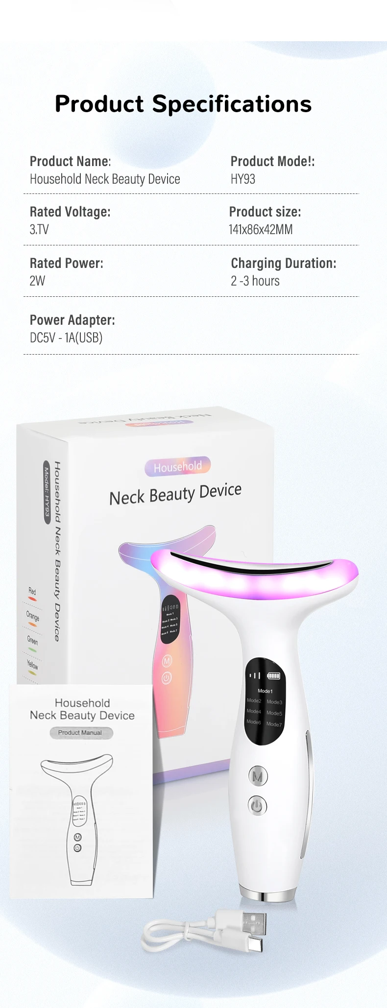Portable 7 in 1 Neck Face Beauty Device Microcurrent Vibration Facial Massager f