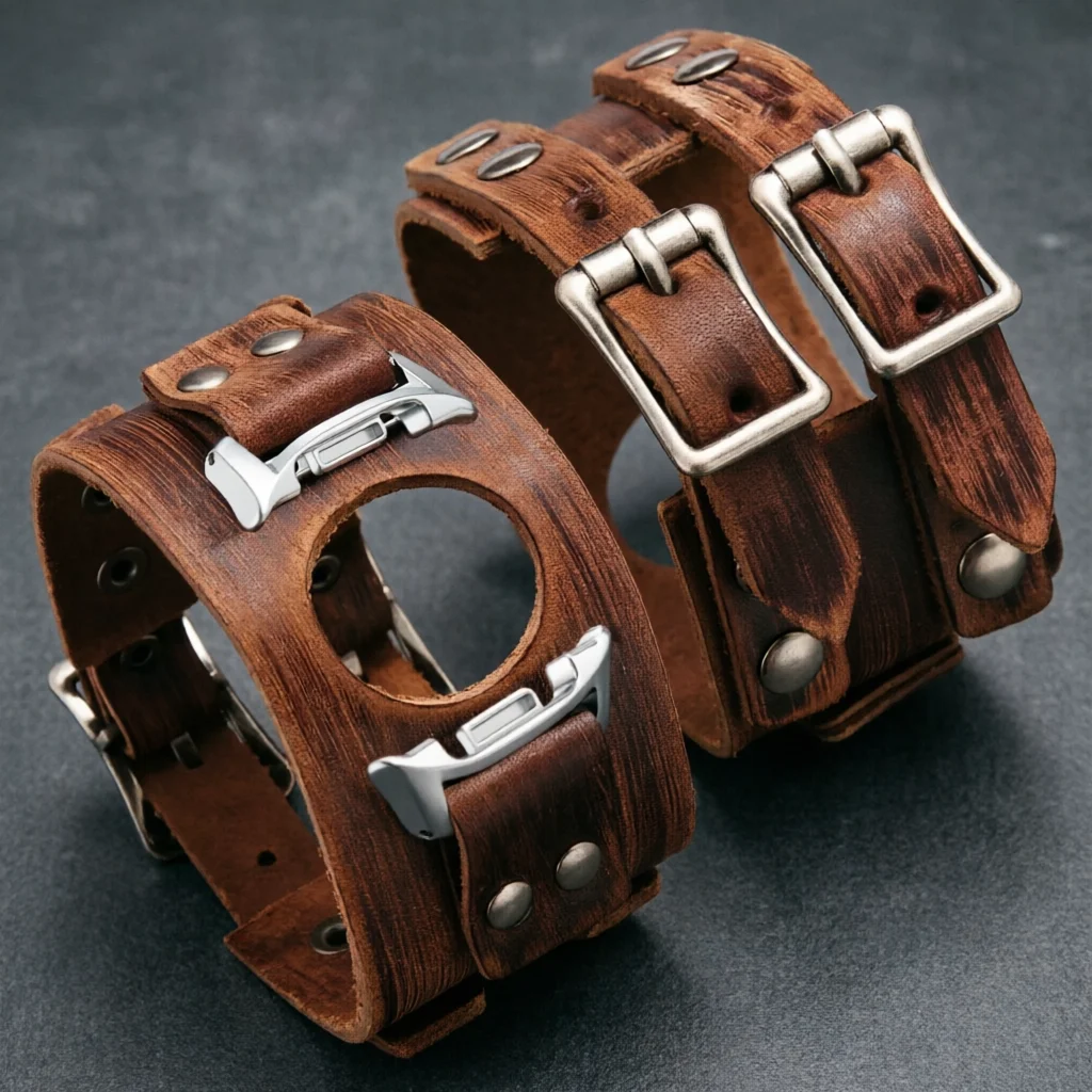 Premium Leather Watch Band with Double Metal Buckle - Elegant Bracelet Accessories