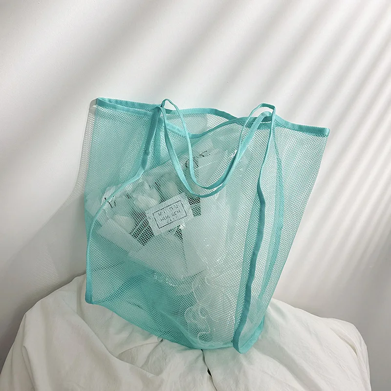 Colored Large Capacity Mesh Designer Shoulder Bag Lightweight Clear Casual Handheld Tote Storage Bag Bath Washing Organizer