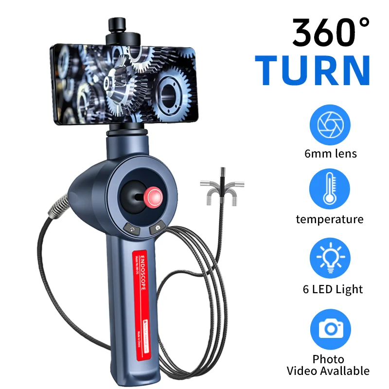 360 °   안드로이드 폰용 6LED 조명이 장착된 스티어링 산업용 내시경 6mm 렌즈 자동차 엔진 검사 내시경 카메라