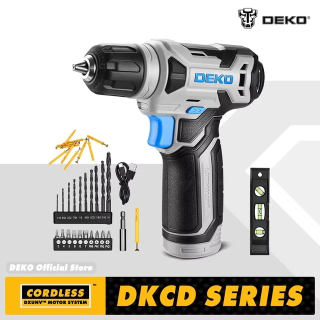 DEKO perceuse sans fil 8V, jeu de mandrin sans clé de 3/8 pouces, Mini pilote d'alimentation sans fil avec jeu de vis, tournevis électrique LED intégrée 1