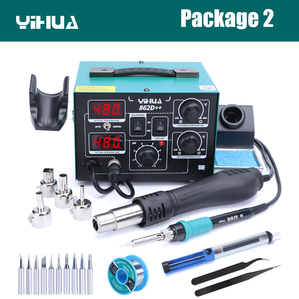 Soldering Station YIHUA 862D++ Soldering Iron Hot Air 2 in 1 Rework Station BGA SMD Phone Repair Welding Tool with Auto Manual Mode