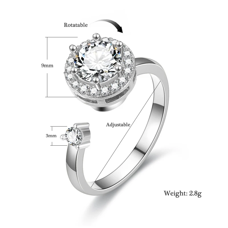 New 925 Silver Rotatable Round AAA Zircon Adjustable Rings Women Fine Jewelry Gift Fashion Rhinestone Circle Open Finger Ring