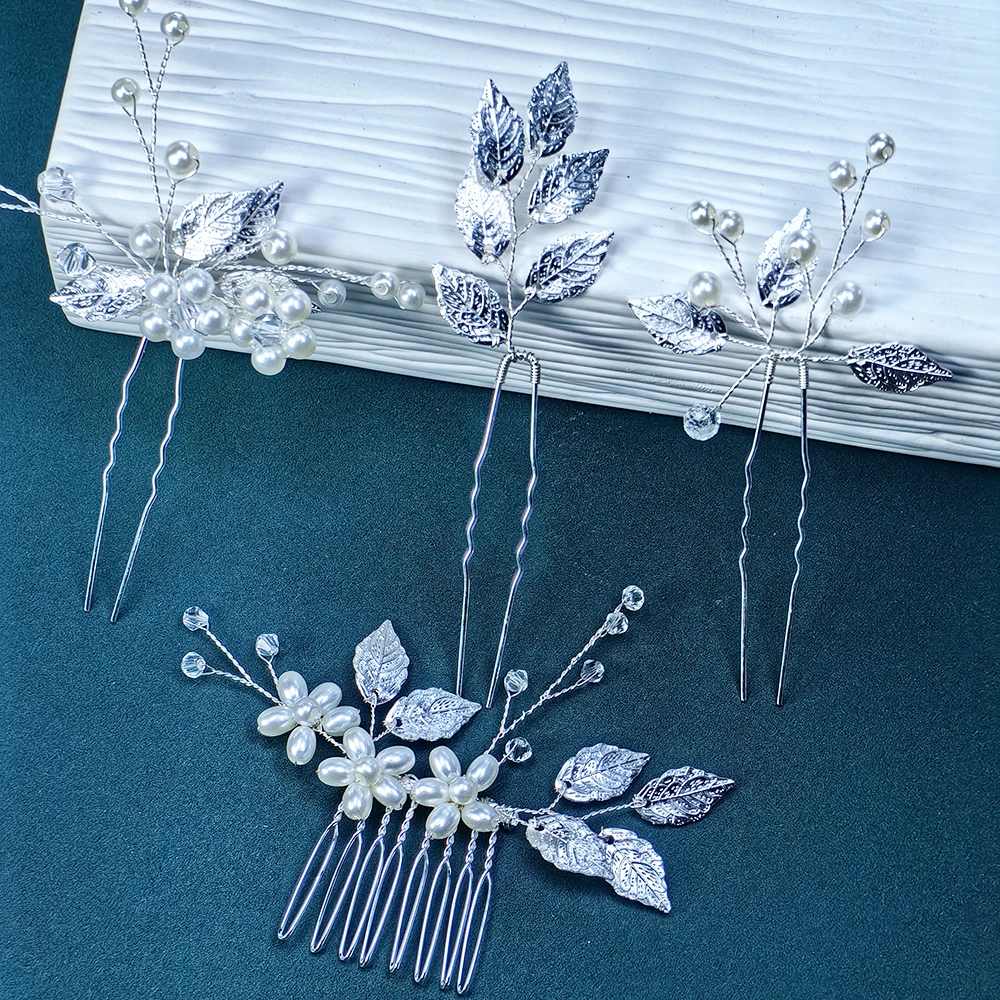 4 Piece Bridal Tiara Imitation Pearl Rhinestone Silver Leaf Wedding Set Elegant Hair Accessories Bridesmaid Flower Girl