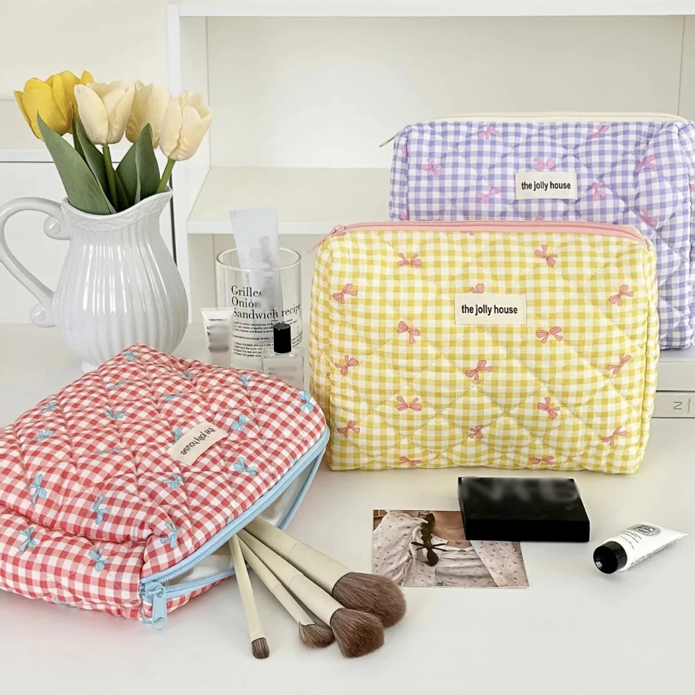 Cute Bow Cotton Makeup Bag Women Zipper Cosmetic Organizer Female Cloth Box Shape Portable Toiletry Case for Girls 2
