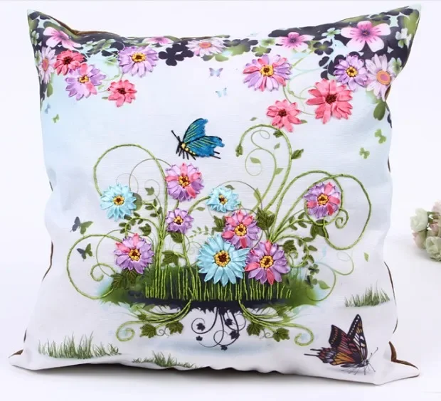 3D Flowers Ribbon Embroidery Pillow Cushion Cover Core Inner Insert Pillowcase Set Handcraft DIY Handmade Needlework 45x45cm