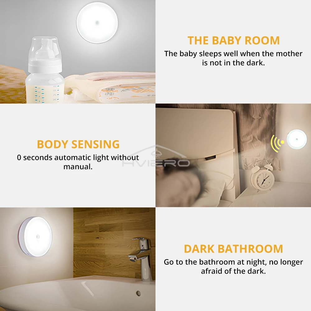 Round Night Light Led Wireless Motion Sensor USB Bulbs Charging Bedroom Decoration Staircase Cabinet Wardrobe Lighting Wall Lamp 5