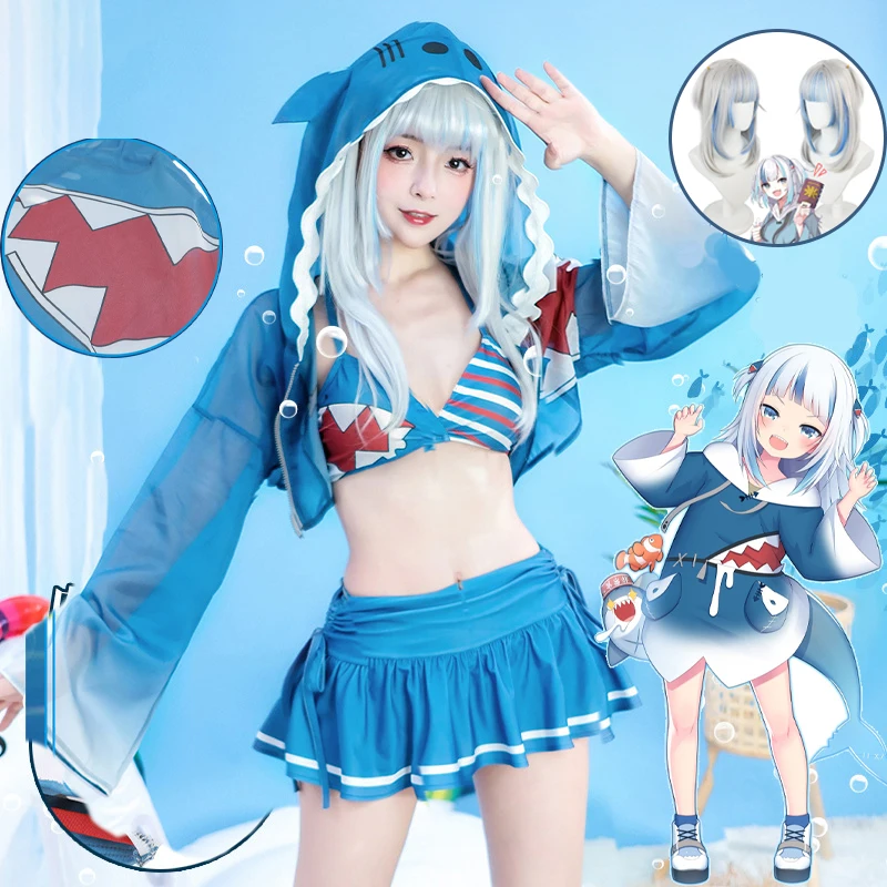 

Gawr Gura Cosplay Costume Blue Swimsuit Wig Anime Vtuber Cute Shark Swimwear Sexy Bikini Women Carnival Halloween Girl Summer