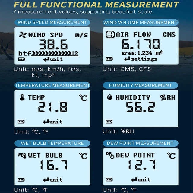 Owon Tuya anemometro digitale 7 in 1 0.6-40 m/s Rang WIFI Wind Meter  temperatura umidità Tester tachimetro supporto archiviazione dati -  AliExpress