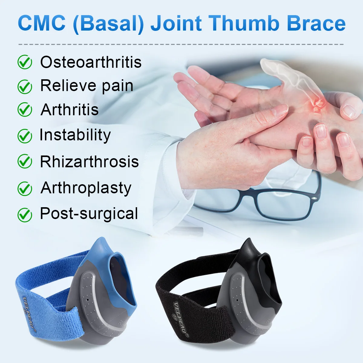 VELPEAU Thumb Brace for CMC Joint Pain, Osteoarthritis, Arthritis and Tendonitis Thumb Support Stabilizer with Elastic Sleeve 3