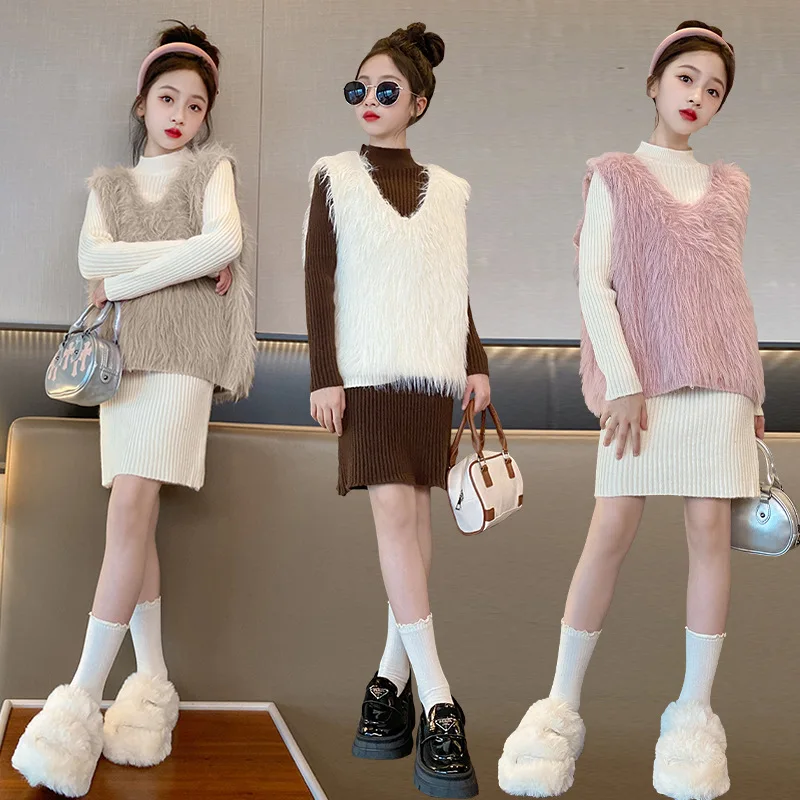 

Girls' Autumn Dress Set 2023 New Mid to Big Boys' Fashionable Mesh Red Sweater Vest Fashion Two Piece Set
