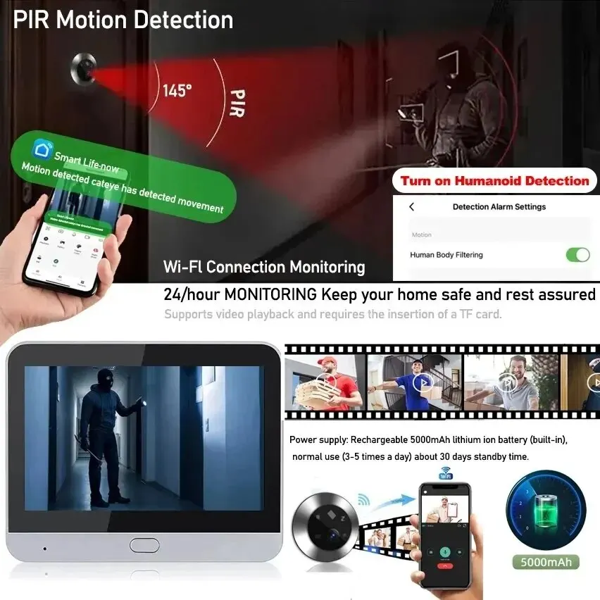 4.3 Inch Tuya Wide Angle Video Doorbell Camera One Way Intercom Motion Detection Wifi 5000mAh Battery