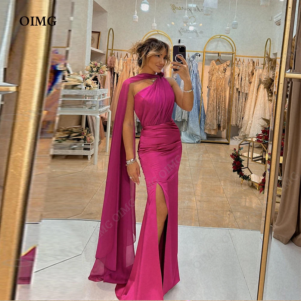 

OIMG Modest Dubai Arabic Women Evening Dresses Fuschia Mermaid Satin Side Slit Sleeveless Prom Gowns Formal Night Occasion Dress