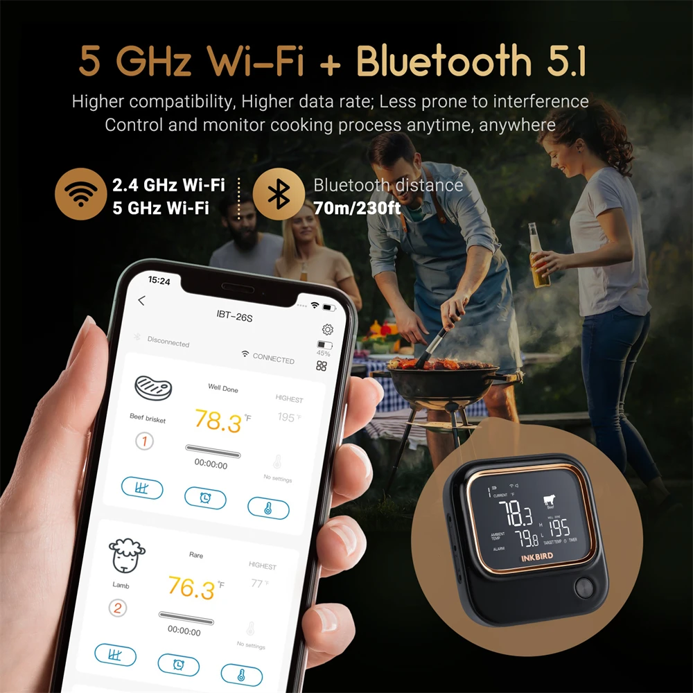 INKBIRD 바베큐 온도계 IBT-26S 블루투스 와이파이, 4/6 식품 등급 프로브 앱 제어, USDA 고기 프리셋 알람 타이머 백라이트 LCD