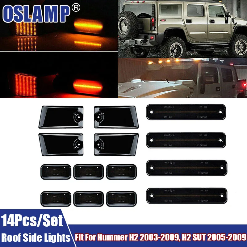 

14Pcs/Set LED Car Roof Side Lights Red + Amber Light LED Fender Turn Signal Light Set Fit For Hummer H2 2003-2009,SUT 2005-2009