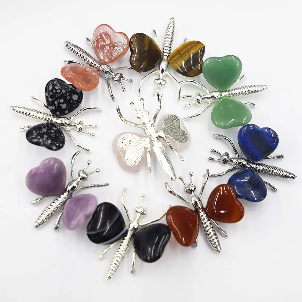 New Natural Stone Multicolor Heart Silver Butterfly DIY Crystal Wing Animal Ornaments Charms Jewelry Accessories Wholesale 12Pcs