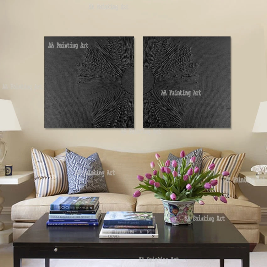 

Home Decorative 2PCS Group Black Thick Acrylic Painting Modern Handmade Textured Canvas Wall Picture Art Modern Murals Artwork