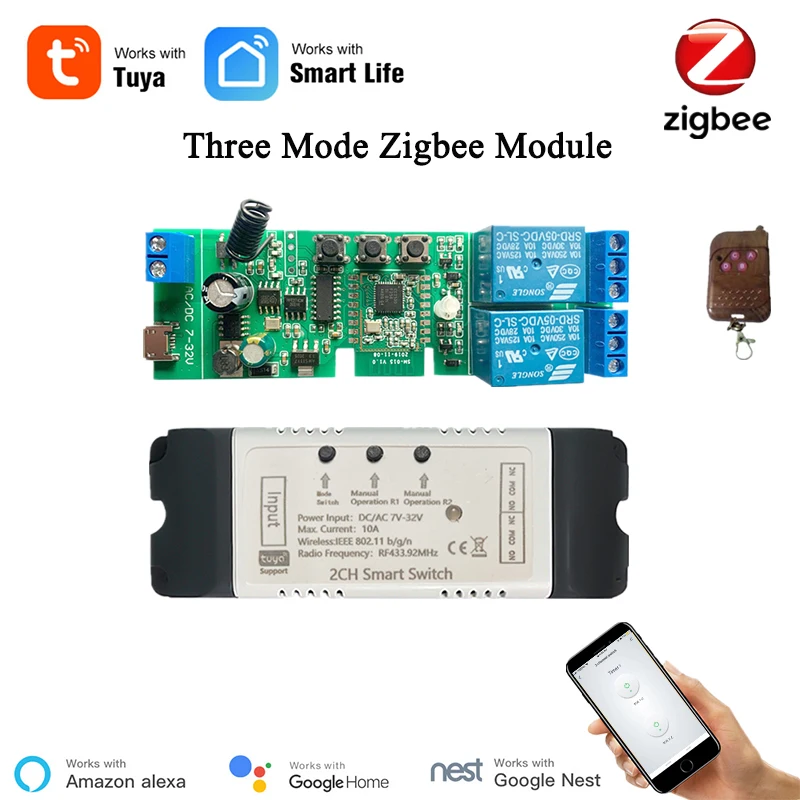Newgoal Zigbee Tuya Smart 2 Channel Smart Relay Module with 433RF Remote  Control USB 5V 7-32V Jog/Lock Switch Compatible with Alexa Google Home