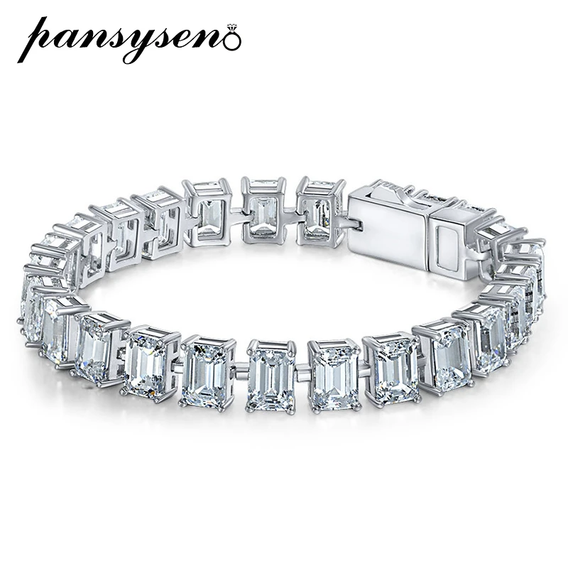 

PANSYSEN Top Quality 925 Sterling Silver Emerald Cut 5x7MM High Carbon Diamond Bangle Bracelets for Women Wedding Fine Jewelry