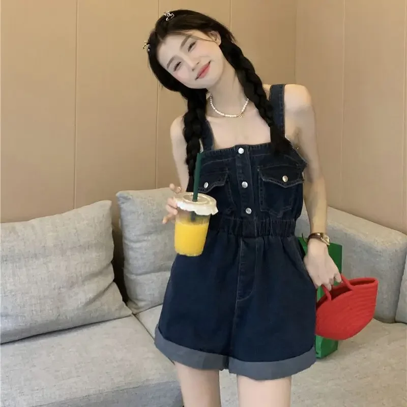 

Women Playsuits Summer Suspenders Denim Jumpsuit Shorts Solid Vintage Wide Leg Shorts Casual Sweet Style Jumpsuit Shorts Female