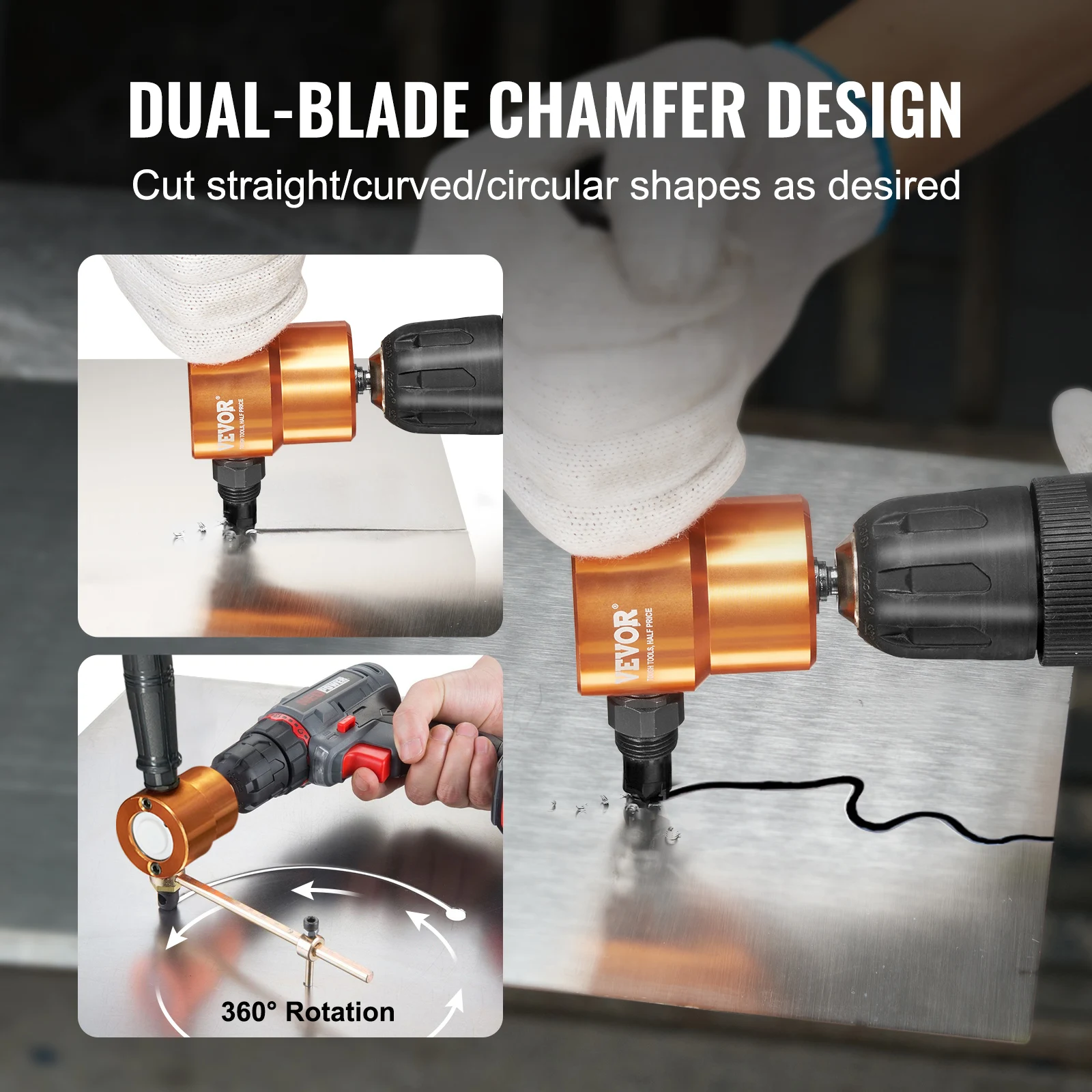 VEVOR Double Head Sheet Metal Nibbler Cutter 360 Degree Metal Nibbler Drill Attachment with Extra Punch and Die Cutting Hole 4
