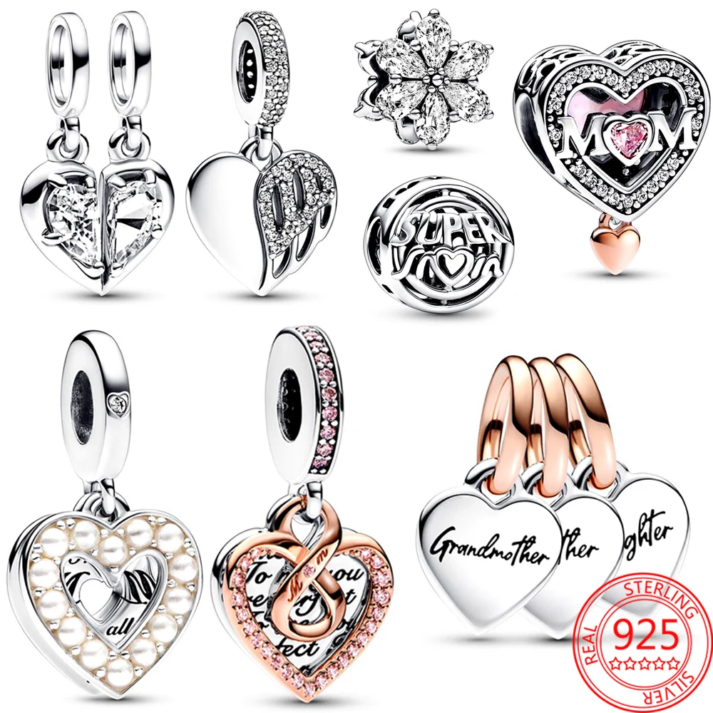 

New 925 Sterling Silver Heart & Angel & Splittable Mother & Daughter Dangle Charm Fit Pandora Bracelet Jewelry Birthday Gift