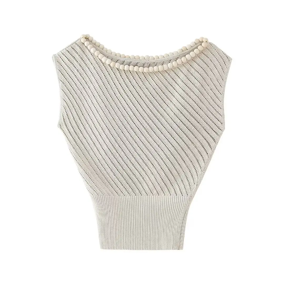 

Women's 2024 New Fashion Temperament Joker Beaded Decorative Jacquard Mesh Knitted Vest Retro Sleeveless Women's Chic Top.