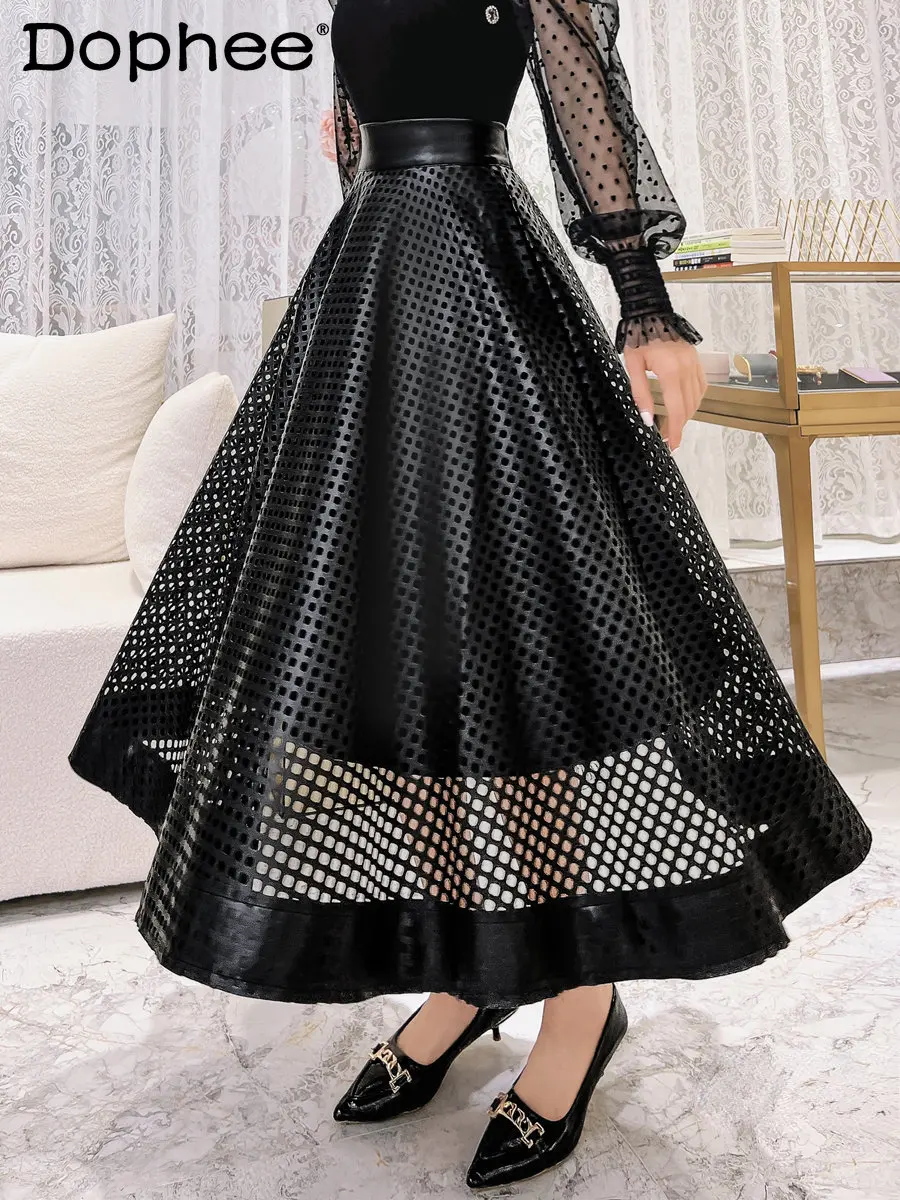 

High Waist Midi Length Hollow Leather Skirts Womens 2023 Autumn New Elegant Black A- Line Fashion Big Swing Office Lady Skirt