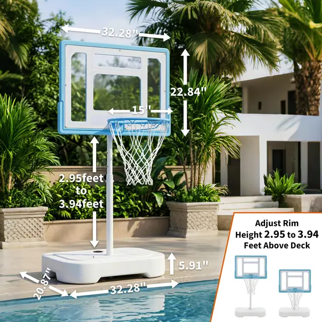 20014-139e5a.jpg Outdoor Poolside Basketball Hoop, Adjustable Height, Stainless Steel, 32'' Shatterproof Backboard, 2 Balls & Pump