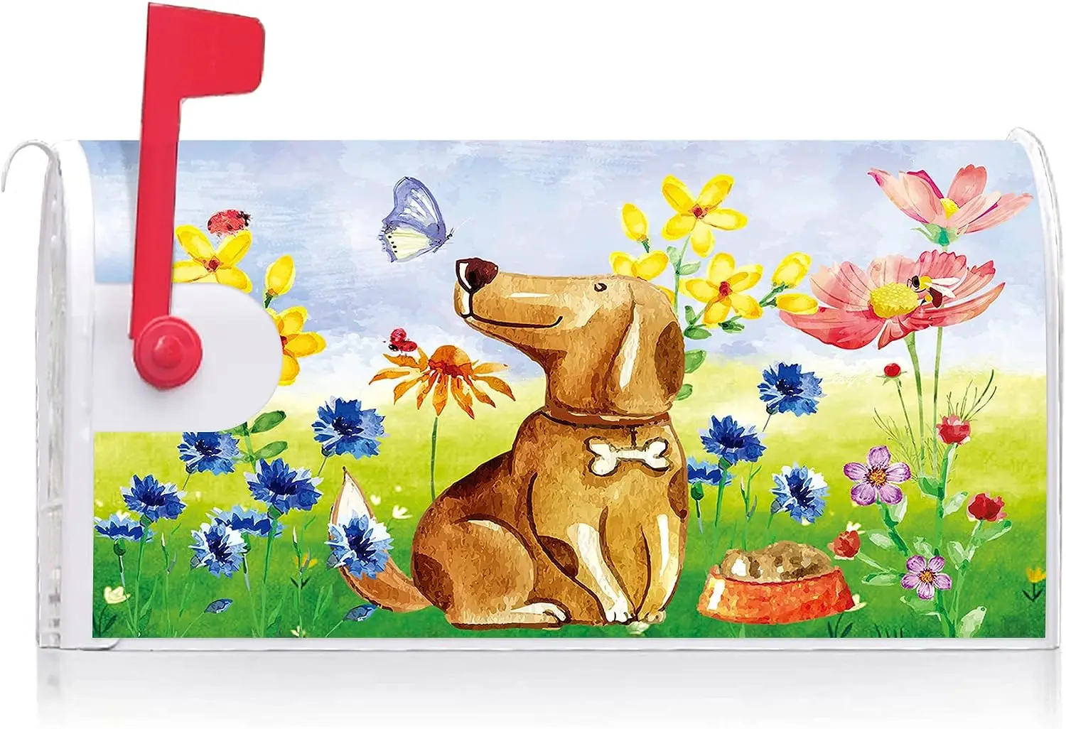 Cute Dog Puppy Floral Decoration Mailbox Cover with Magnetic Strip Spring Summer Mailbox Wraps Post Letter Box Cover Standard