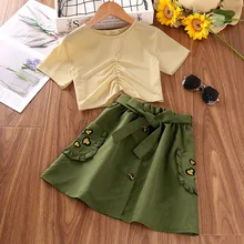 

Children's Clothing 2022 Summer New Fashion Girls Short Sleeve Top Embroidered Pockets Skirts 2-Piece Suits For Baby Sets 5-12Y