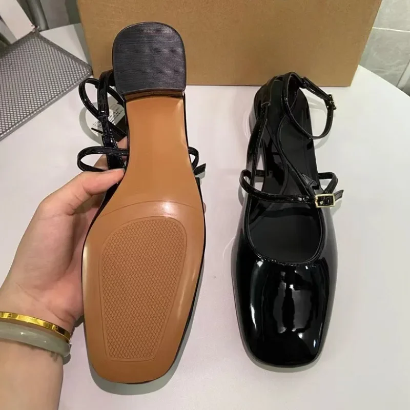 Women's Office Shoes Black Leather Square Toe Outdoor Casual Slingbacks Ankle Strap Summer Heeled Sandals