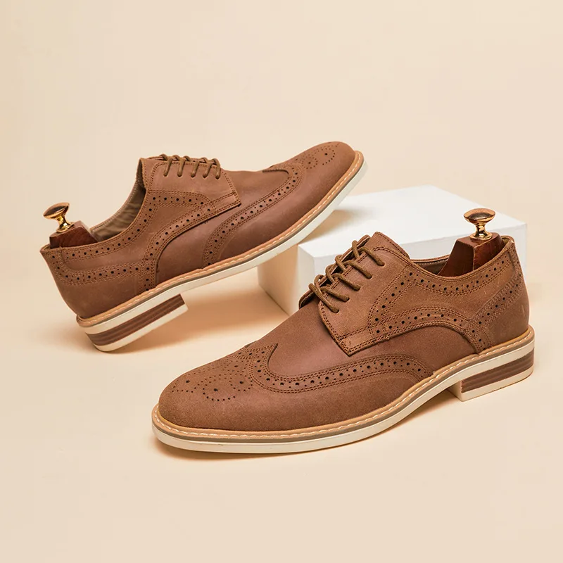 Man Derby Shoes Genuine Split Suede Leather Full Brogue Long Wing Dress Business Men Casual Comfortable Wedding Party Suits mens leather dress shoes