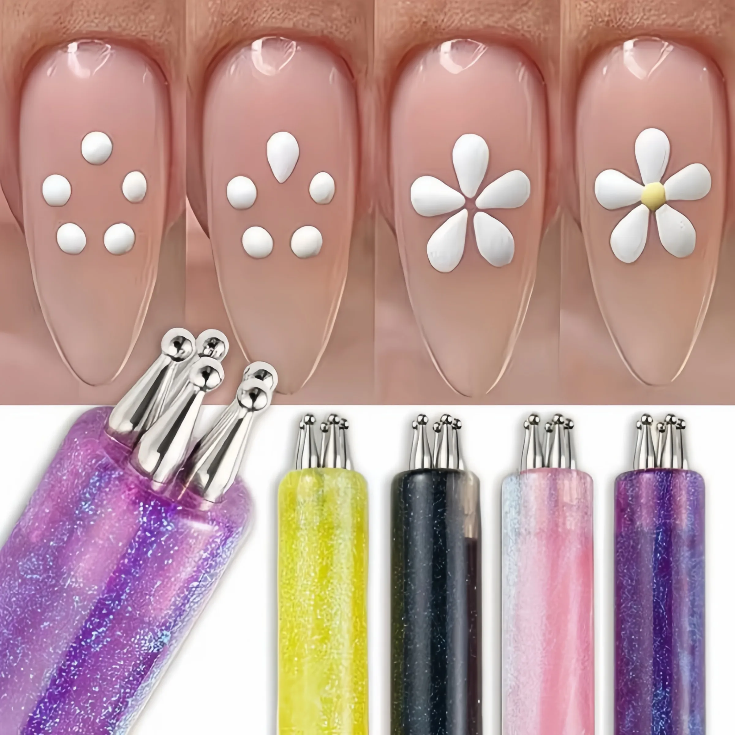 Flower Dotting Tool for Nail Art with Acrylic Handle, Ideal for DIY Design, Professional & Beginner-Friendly, Portable
