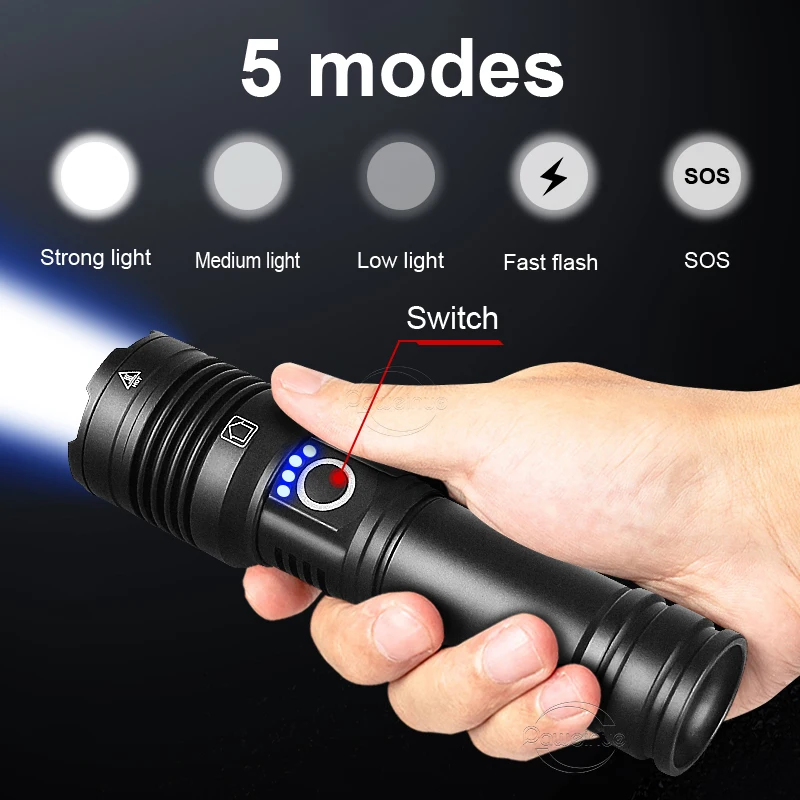 High-power 300W 3000m Shot LED Rechargeable Flashlight Lamp XHP160 Beads  Portable Torch 5 Lighting Modes Zoomable Camping Light