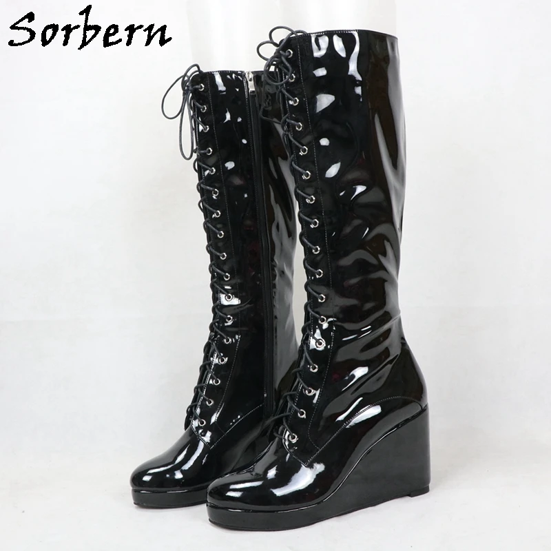 

Sorbern Black Glossy Knee High Women Boots Wedge Platform Round Toe Custom Unisex Style Shoes Drag Queen Crossdresser Boots