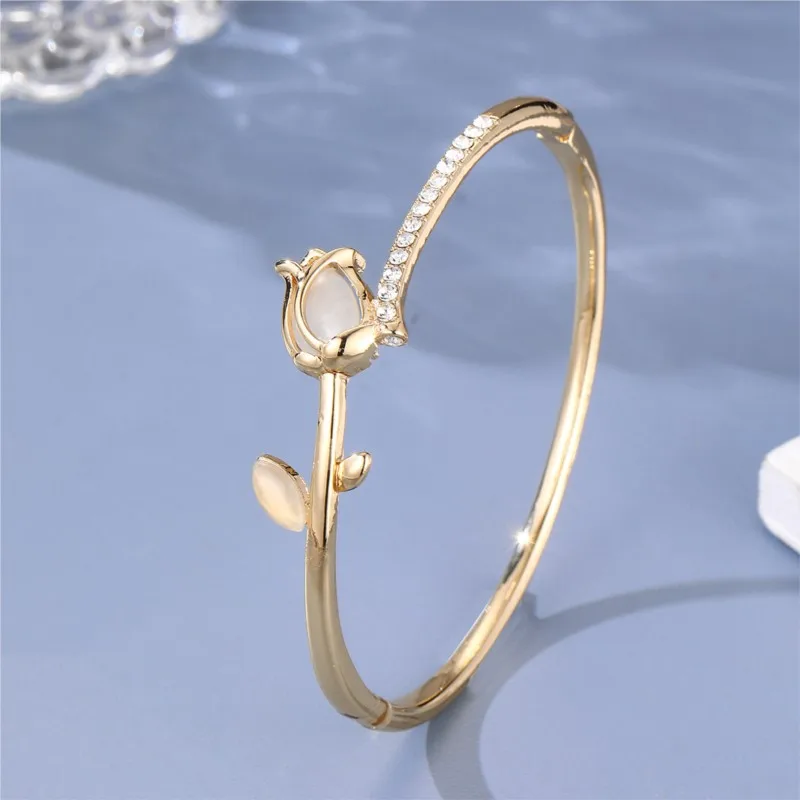 Elegant Opal Stone Zircon Tulip Cuff Bangle for Women Light Luxury Rose Flower Bangles Wedding Jewelry Gifts
