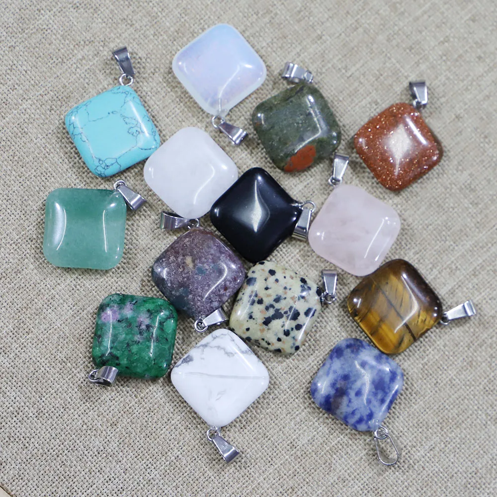Natural Stone Square Necklace Pendants Crystal Quartz Agates Sodalite Howlite Reiki Charms DIY Jewelry Making Accessories 30Pcs