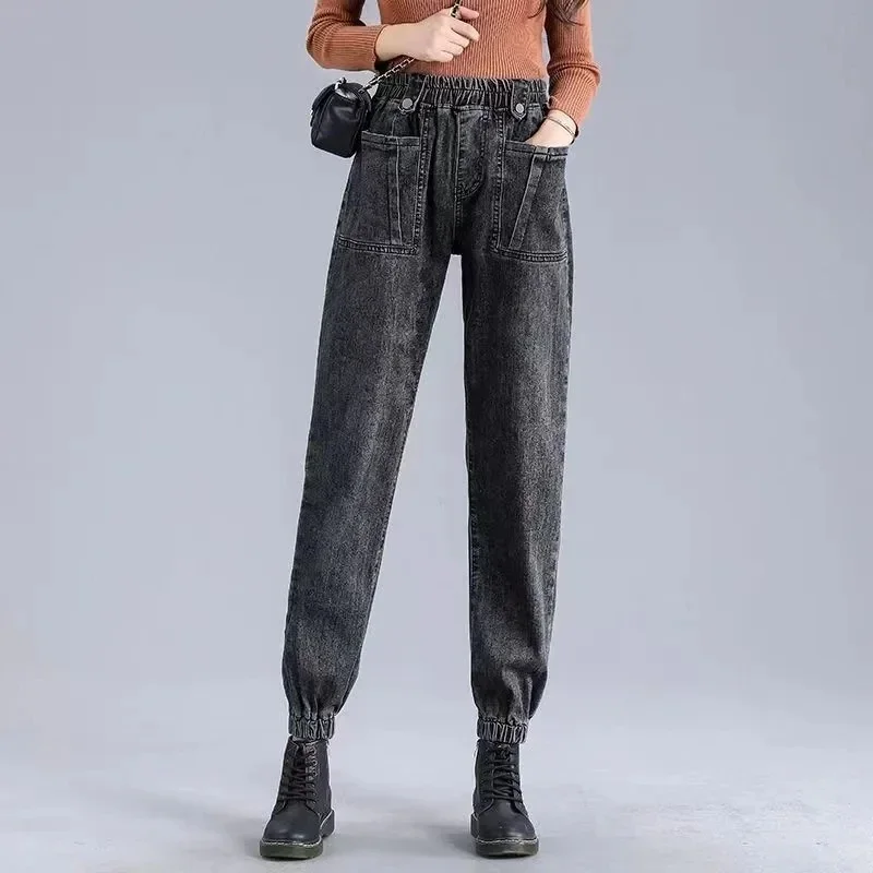 Джинсы-джоггеры женские с высокой талией, мешковатые брюки из денима с эластичным поясом, повседневные винтажные прямые штаны-султанки в Корейском стиле, большой размер 25-38, LJ280