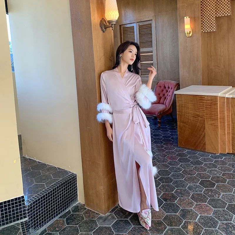 

Robe Women Satin Feather Patchwork Bathrobe Kimono Gown Long Summer Ladies Nightgown Sleepdress Loose Bride Loungewear