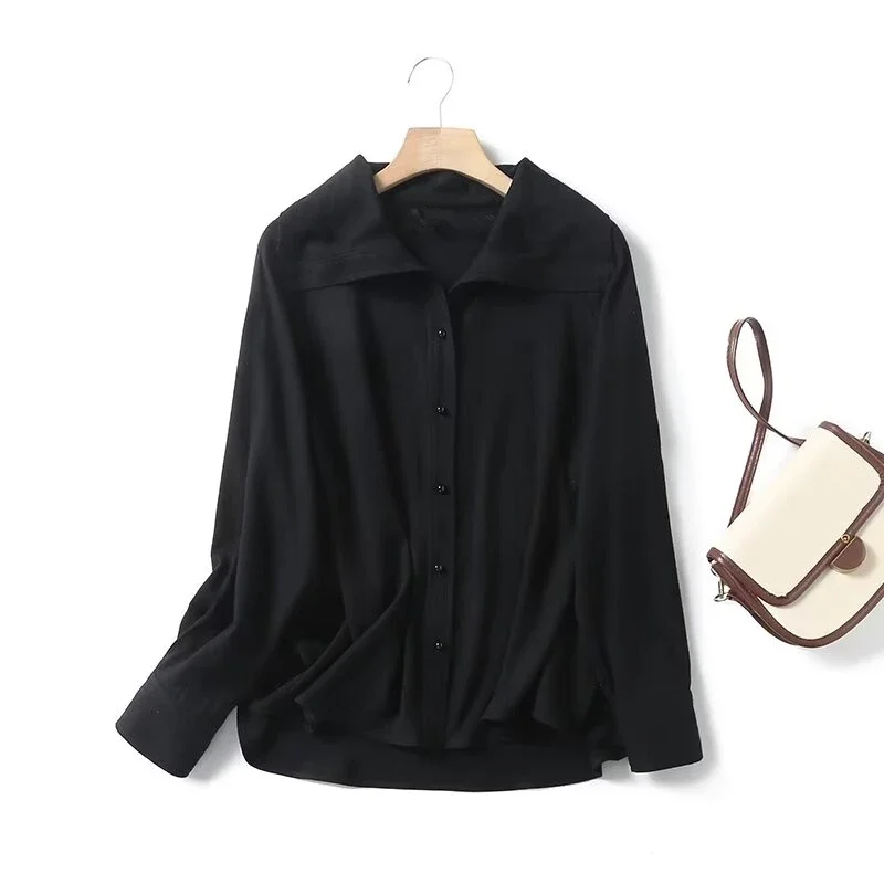 Maxdutti French Lazy Style Large Long Sleeved Lapel Black Shirt Autumn Loose Fitting Cotton Linen Shirt Casual Blouse Women autumn winter knitwear sweater thickened men s korean version trend loose japanese winter ins hong kong style lazy thread coat