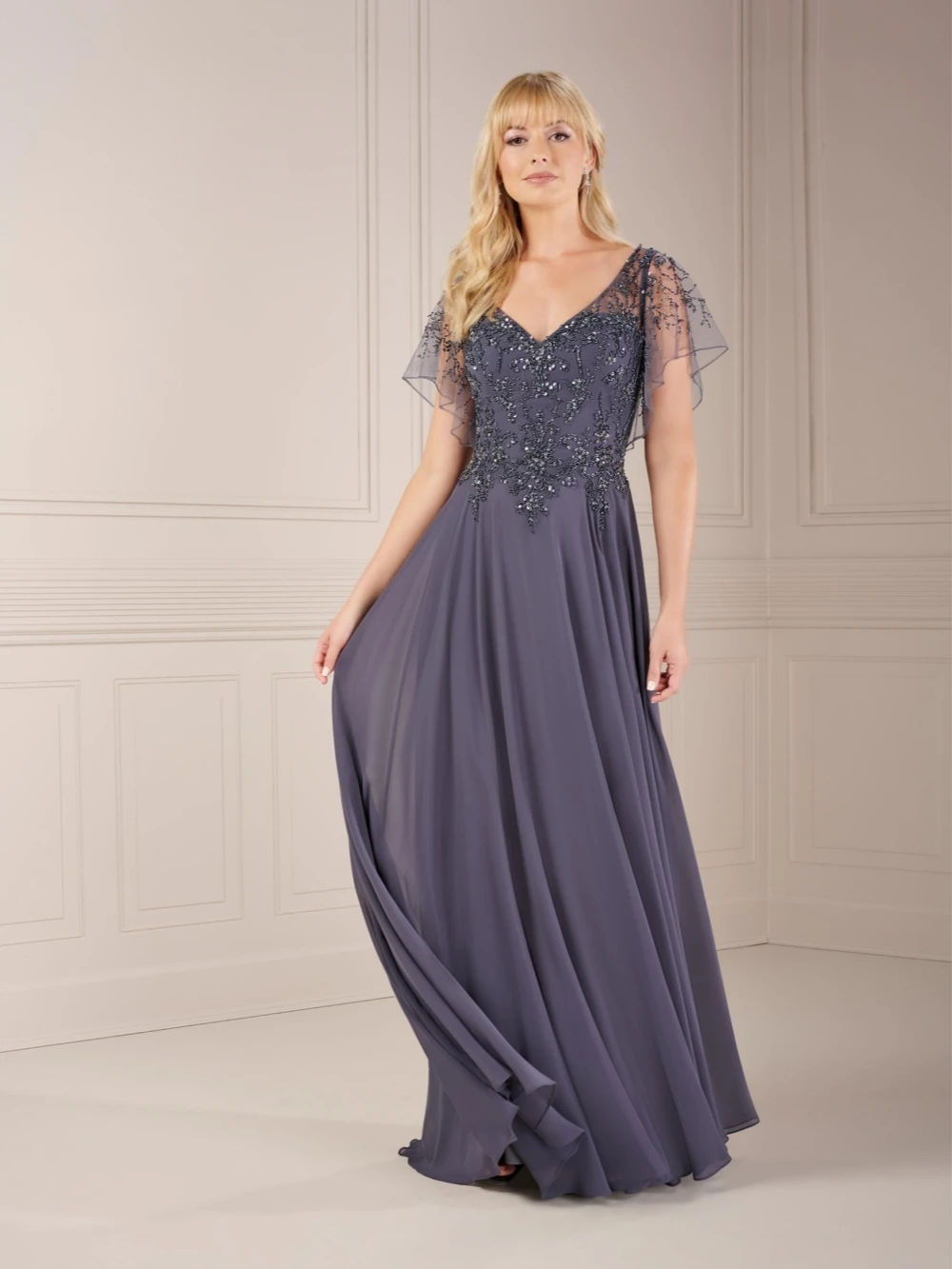 Vestido de noite Chiffon gracioso com lantejoulas e miรงangas, manga curta, decote em v, mรฃe da noiva, casamento brilhante, vestido de baile, 2024