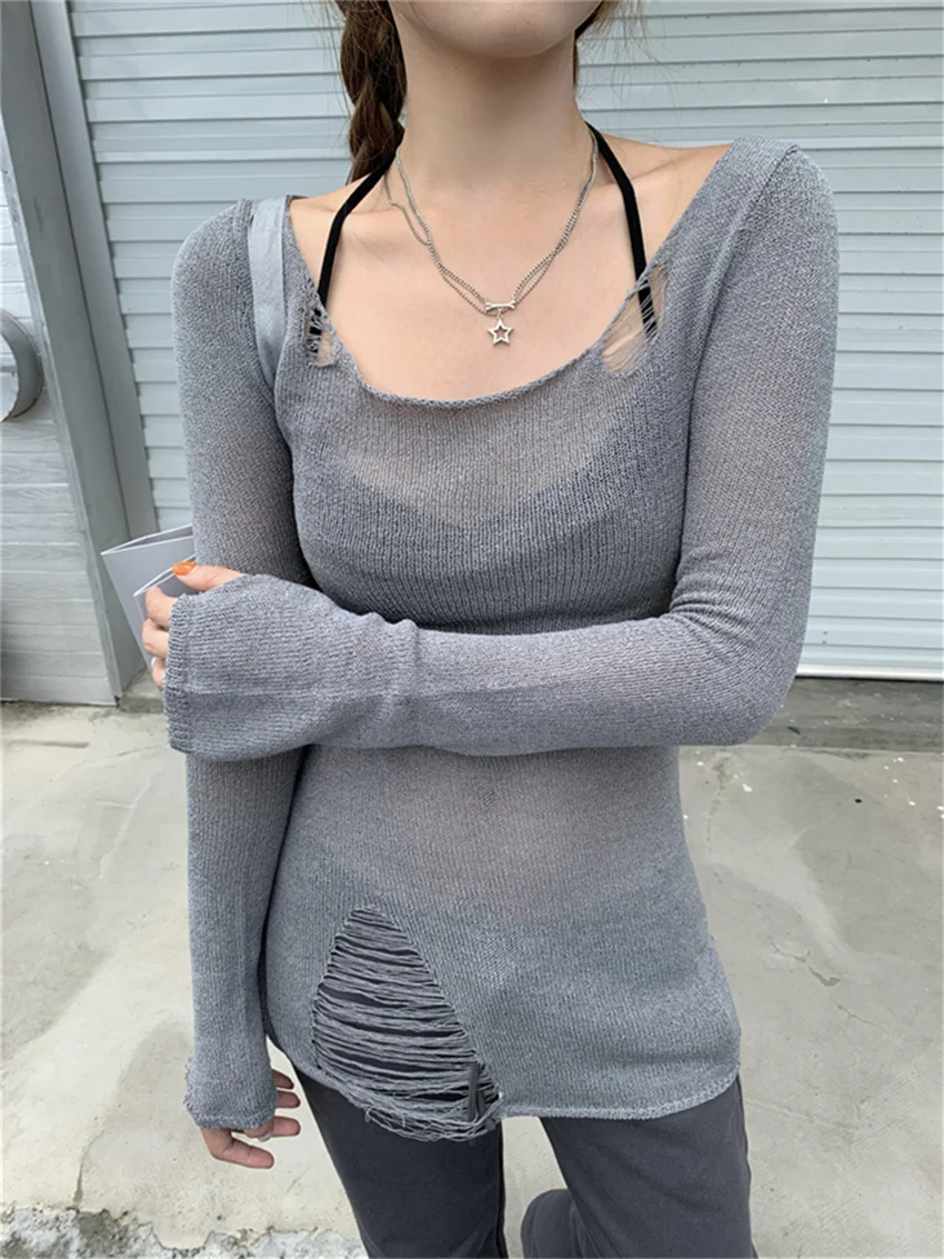 

Alien Kitty OL Full Sleeve Sweaters Women Solid Sexy Daily New Mujer Casual Autumn Knitted Hole Chic Vintage Pullovers Tees