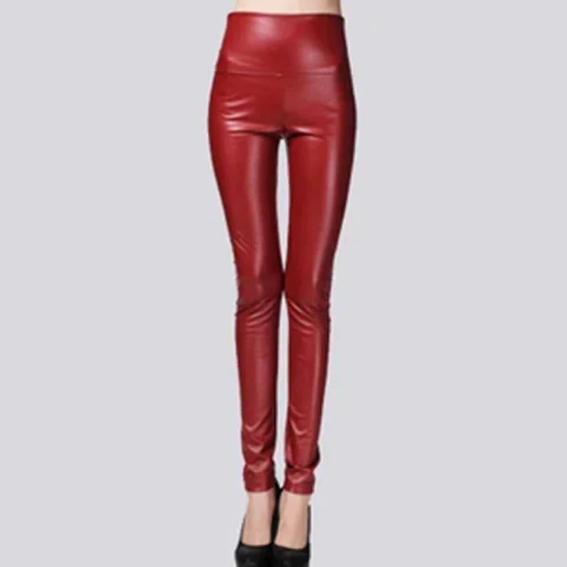 New Product Multi Color Elastic and Velvet Thick PU Leather Bottom Pants for Women Wearing High Waist Tight Leather Pants 155