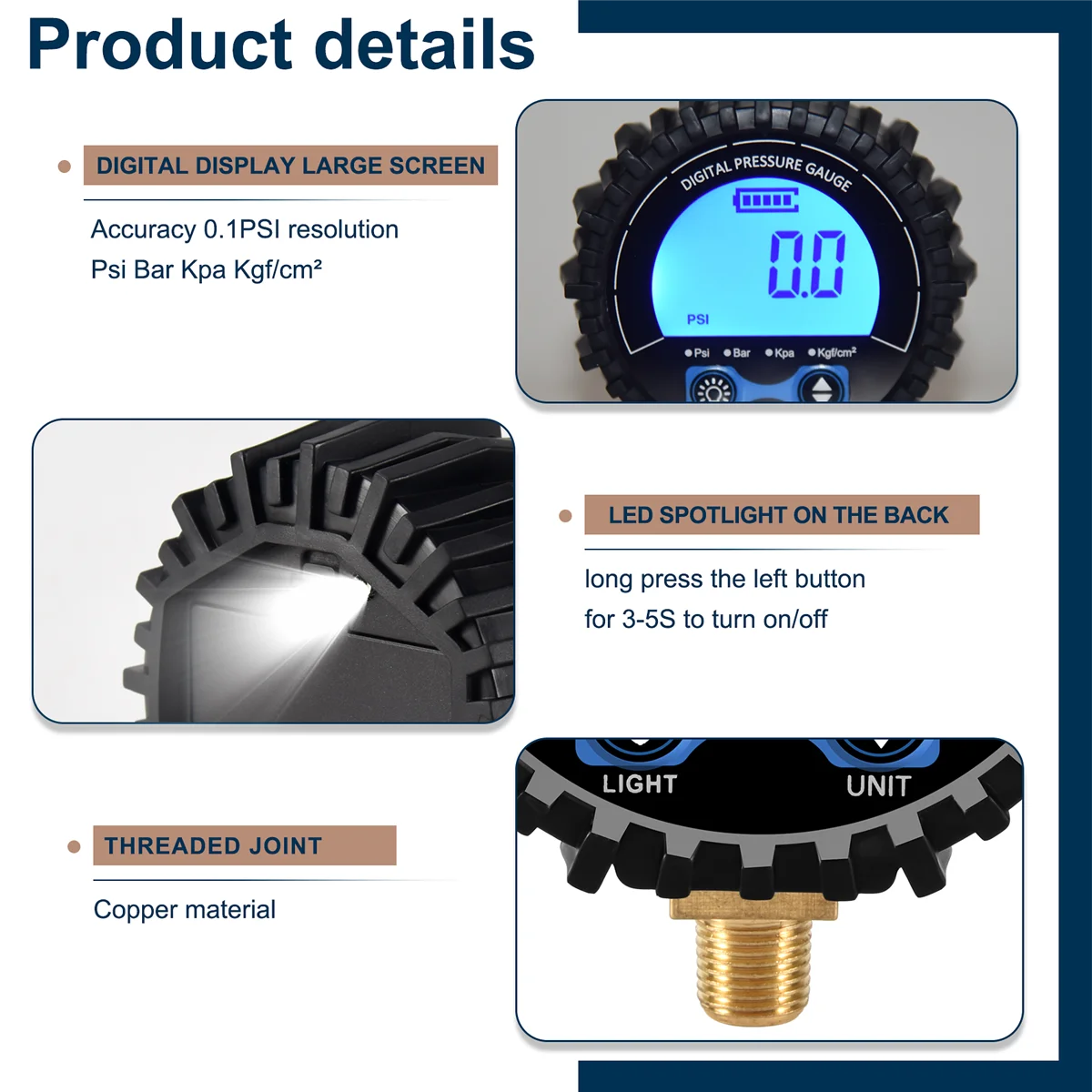 Tire Pressure Gauge Digital Tire Tester Display Air Pressure Manometer Quick Connect Coupler Thread 1/8