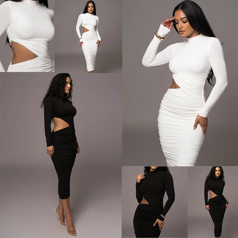 

Casual Women Dress Fashion Sexy Solid Streetwear O-Neck Full Sleeve Hollow Out Sheath Long Elegant Bodycon Vestidos Robe Female