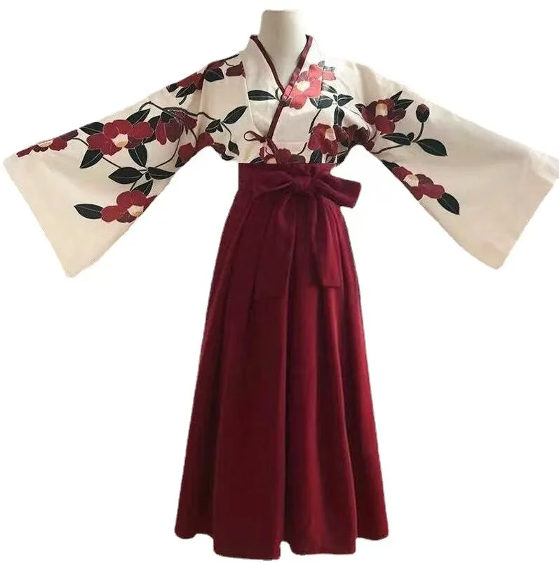 Kimono Sakura Girl Japanese Style Floral Print Vintage Dress Woman Oriental Camellia Love Costume Haori Yukata Asian Clothes